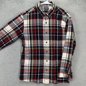 Eddie‎ Bauer Mens Flannel Shirt Medium White Red Plaid Herringbone Button Down